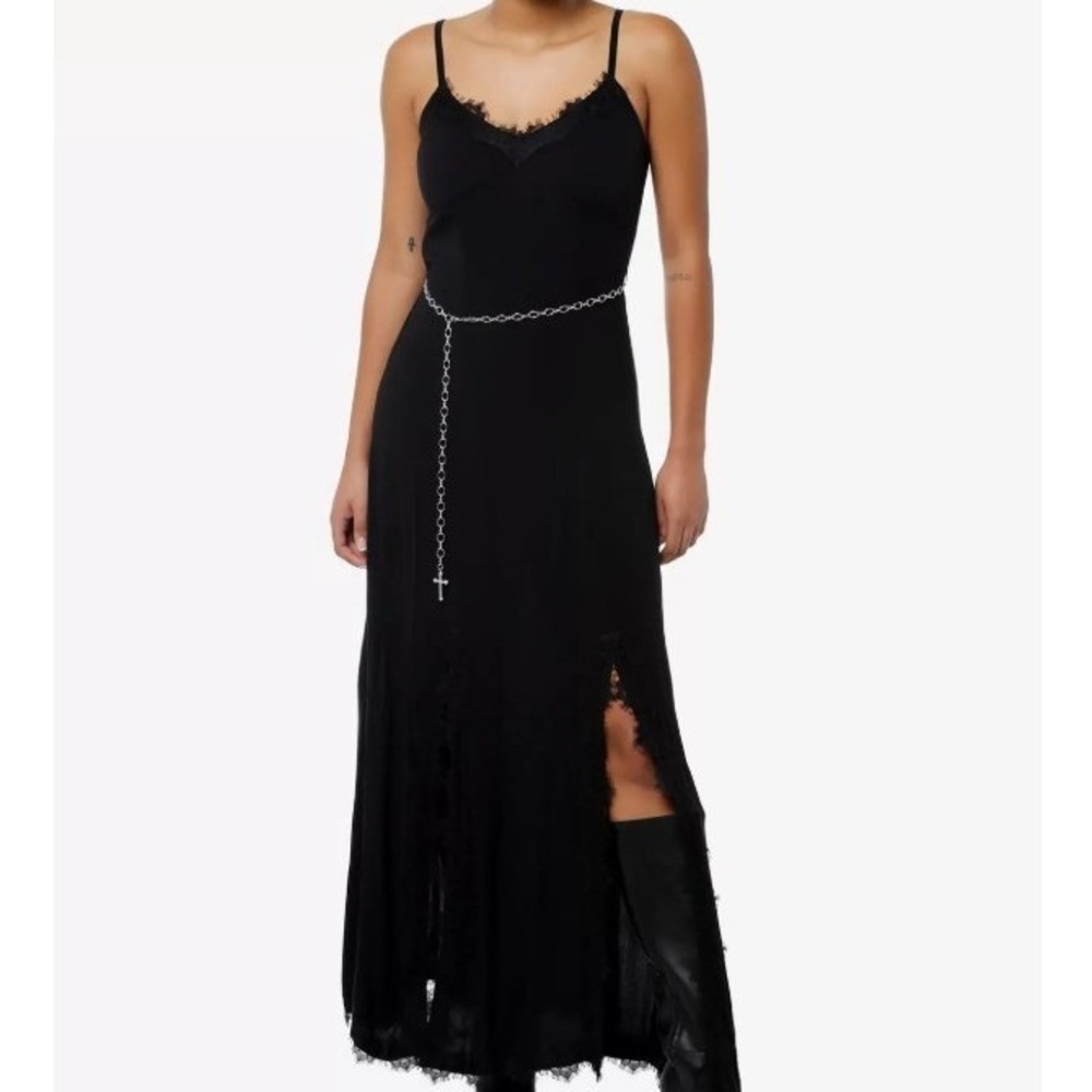 Cosmic Aura Lace Trim Babydoll Slip Maxi Dress Sz S Black Double Slit Y2K Goth